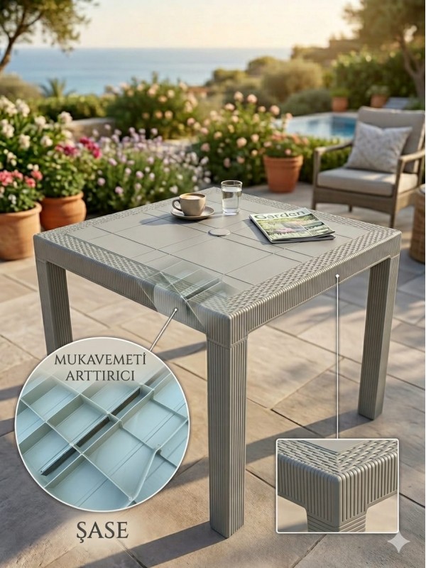 Rattan 90x90 Masa, Plastik Masa, Bahçe  Balkon  Teras Masası, Kare Masa, Dış Mekan Masası