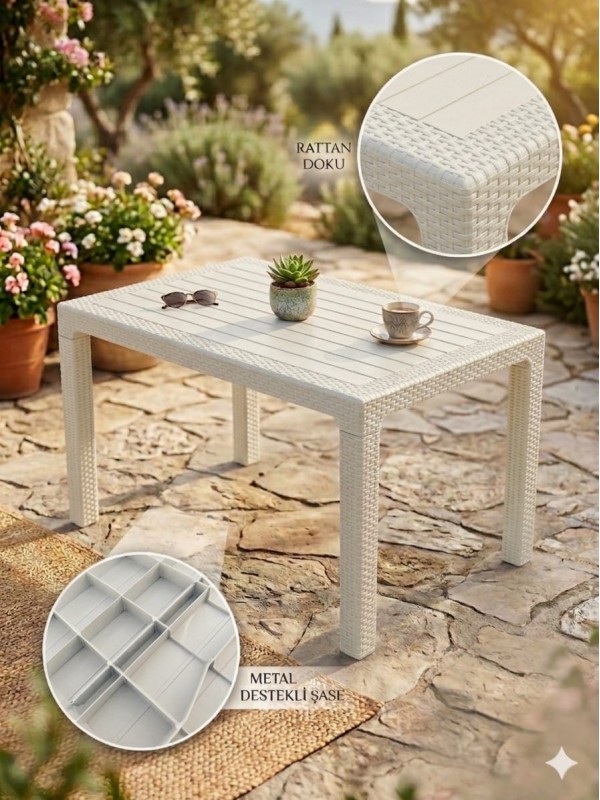 Rattan 80x140 Masa, Plastik Masa, Bahçe  Balkon  Teras Masası, Kare Masa, Dış Mekan Masası